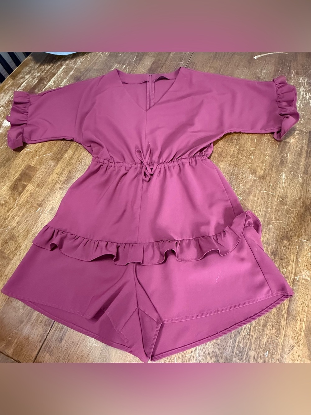 Women’s Small Red Bean Paste Ruffle Romper Mauve Pink 3/4 Sleeve Drawstring